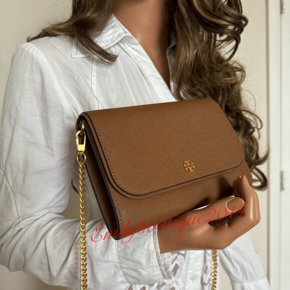 NWT Tory Burch 136093 Emerson Chain Wallet Saffiano Leather Brown Bag Messenger - Picture 6 of 11